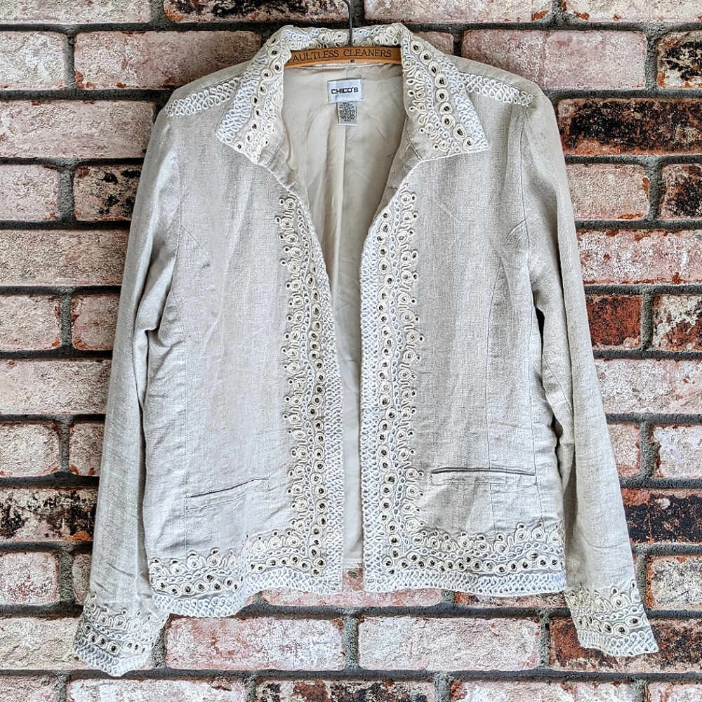 🤍 Chico's Linen Embroidered Metallic Open Blazer Size 2
